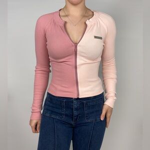 VIA PITTI Two Tone Pink Crop Double Zip Up Long Sleeve Top‎ Ribbed Bodycon